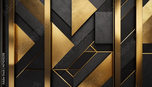 background of architecture, Abstract dark geometric 3D wall with gold and black textures in a luxurious pattern of squares and rectangles, elegant and contemporary, interior decor