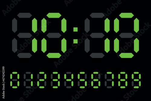 Digital LED Clock numbers electronic figures vector on black background.