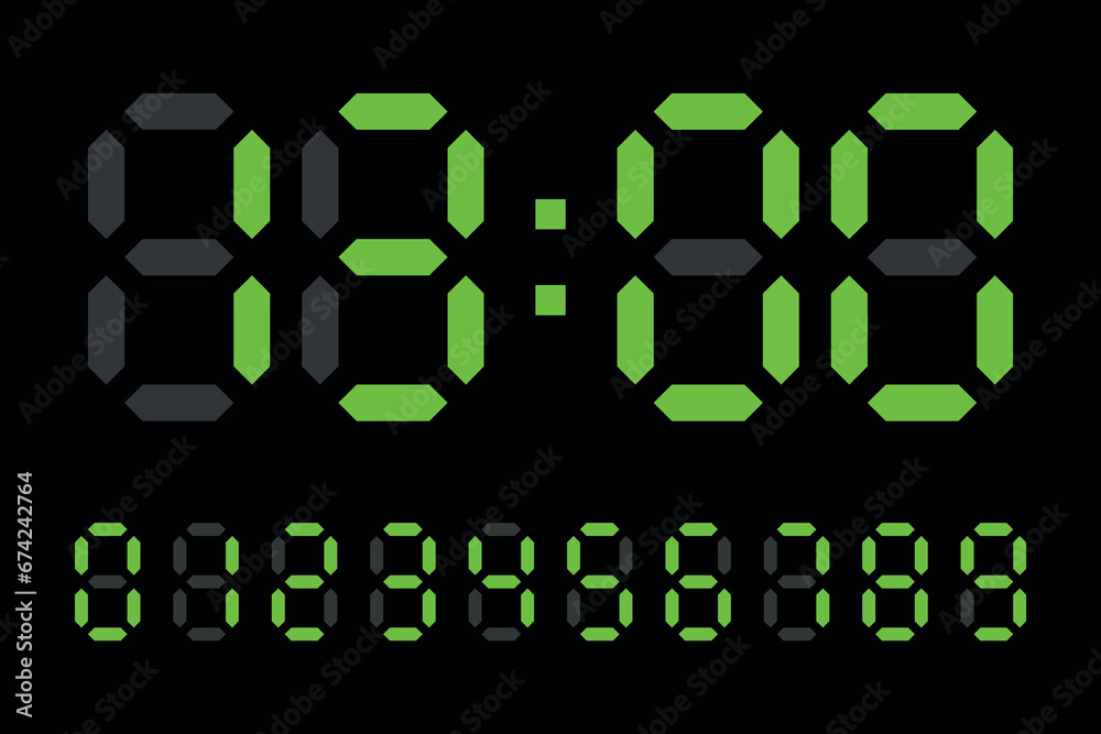 Digital LED Clock numbers electronic figures vector on black background. Digital LED Clock numbers electronic figures vector on black background.
