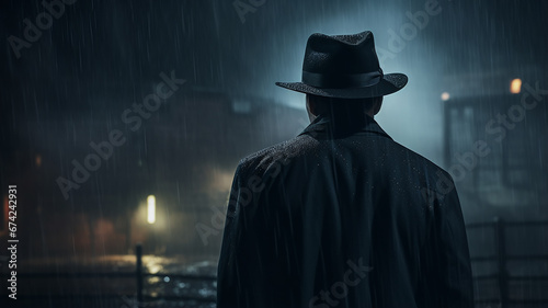 a man in the night fog view from the back autumn landscape with rain, black coat and hat silhouette of a mafia gloomy bandit