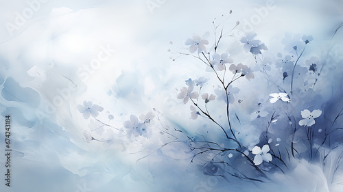 light white blue fog, a row of trees. watercolor abstract background late autumn, symbol landscape view cold light November, copy space blank blank