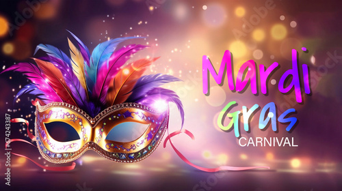 Happy Mardi Gras Carnival Poster Design with Venetian masks in gold, purple and green colors © Darwin Vectorian