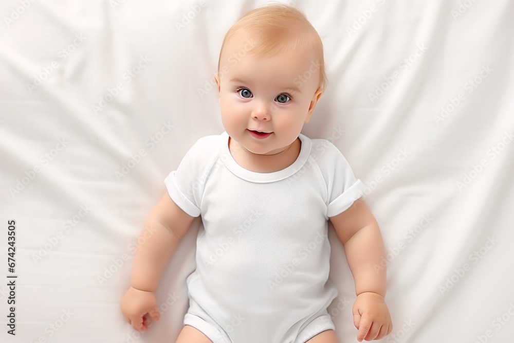 Baby wearing white shirt bodysuit mock-up on the white bed Baby wearing white shirt bodysuit mock-up on the white bed