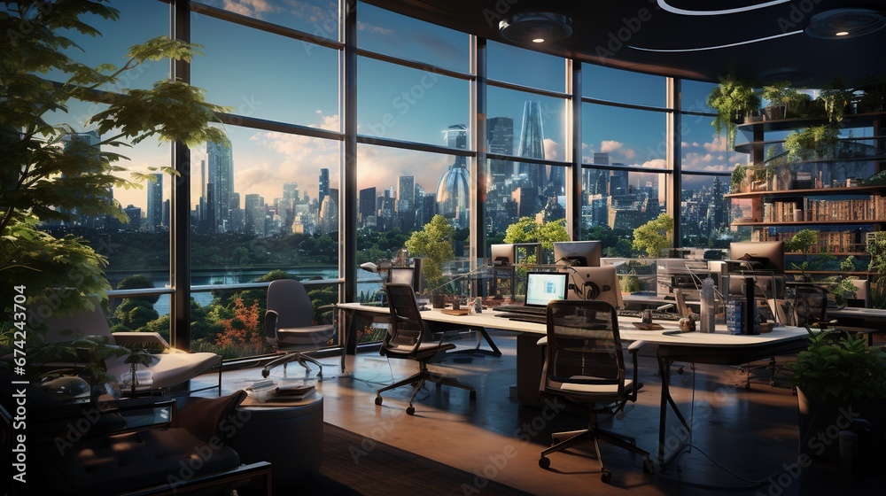 Fototapeta premium the modern office oasis, digital art illustration, Generative AI