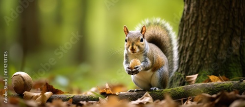 In the woods of New England a charming squirrel with a gray coat specifically a Sciurus Carolinensis species can be seen happily munching on an acorn © 2rogan