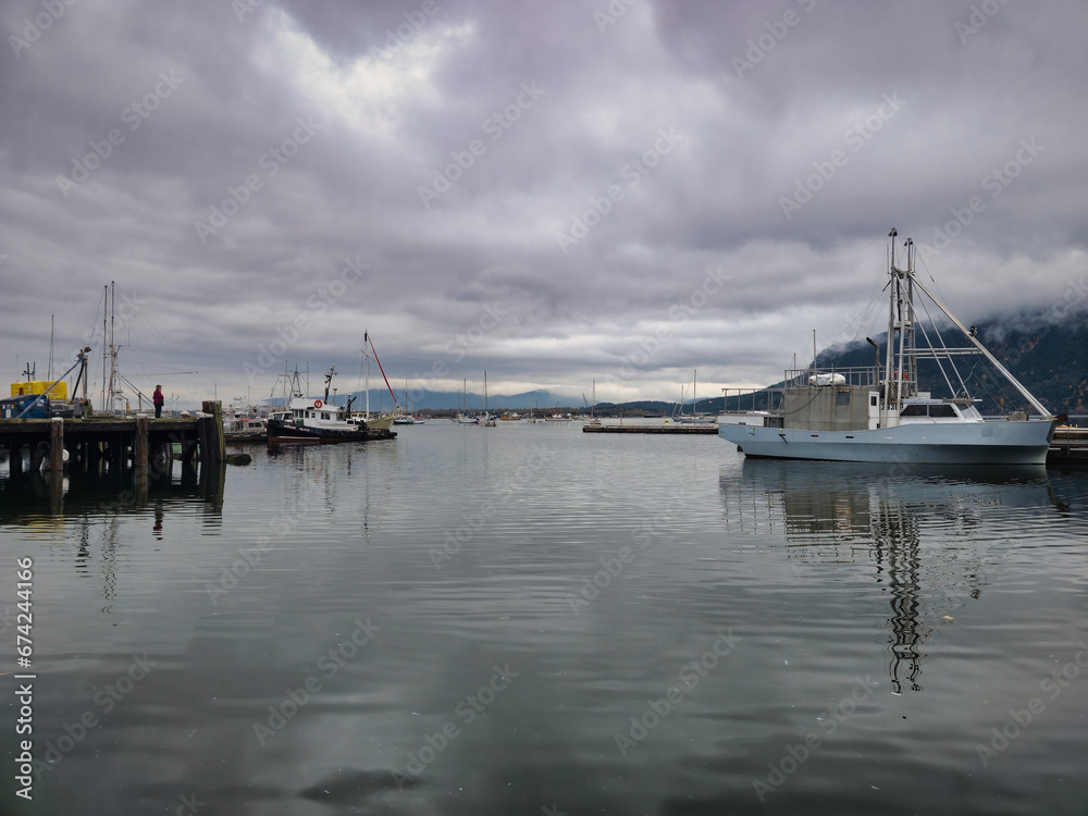 View of cowichan bay marina on a rainy fall  day