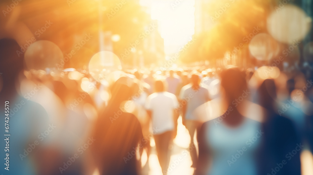 crowd of people on a sunny summer street blurred abstract background in out-of-focus, sun glare image light - obrazy, fototapety, plakaty 