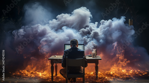 deadline concept, businessman sitting at the table view from the back, smoke coming from the table, stress, professional burnout, fatigue