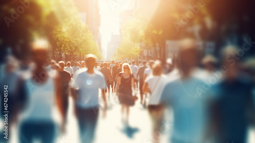 crowd of people on a sunny summer street blurred abstract background in out-of-focus, sun glare image light #674245542