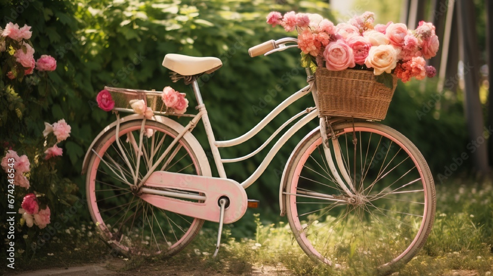 background with decorated Bicycle with flowers  Parked in Colorful Garden with Blooming Flowers generated by AI tool 