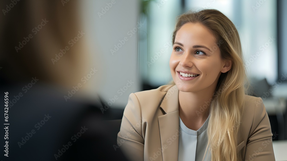 Smiling young female bank manager listening at team work office meeting or job interview sitting at table. generative AI - obrazy, fototapety, plakaty 