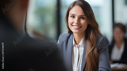 Smiling young female bank manager listening at team work office meeting or job interview sitting at table. generative AI