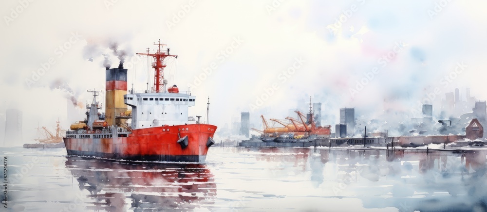 Creating an artwork using watercolor A tugboat securing a cargo vessel in the harbor - obrazy, fototapety, plakaty 