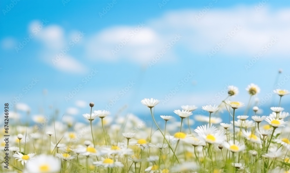 White daisies on the blue sky background. Spring landscape. with free space for text. 