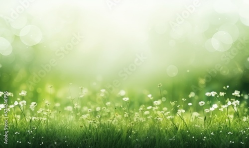Green grass and flowers with bokeh. Nature abstract background. with free space for text.