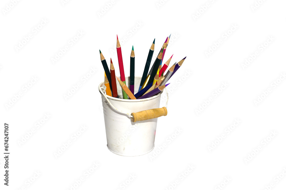 Close-up of several colored pencils in a small tin ready to be used for coloring in various artworks isolated on a png file with a transparent background. Close-up of several colored pencils in a small tin ready to be used for coloring in various artworks isolated on a png file with a transparent background.