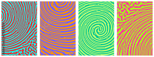 Set of bright colorful cards with swirl textures. Abstract Turing ornament halftone reaction diffusion psychedelic background.