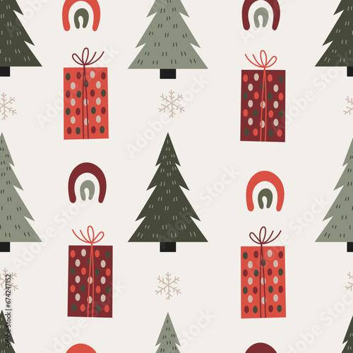 Christmas hand drawn seamless pattern with tree and rainbow. Modern Xmas endless background with gift box and snowflakes. Vintage muted colors and trendy design. Repeat vector illustration.