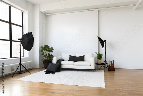 Interior design of minimalist studio apartment.