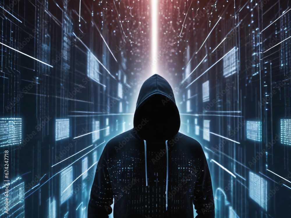 Hoodie Anonymous hacker, surrounded by a network of glowing data. Cybersecurity, Cybercrime, Cyberattack Hoodie Anonymous hacker, surrounded by a network of glowing data. Cybersecurity, Cybercrime, Cyberattack
