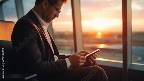 Business man using mobile phone to book plane ticket through online application, sitting on travel checking travel time on board at airport, travel, payment, due, booking, online, check in photo