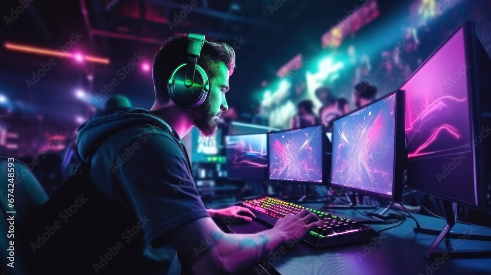 pro gamer man in headphones live streaming while playing online computer game, neon lights, esports, gaming, monitor, play, young, player, internet, enjoyment, cyber,. pro gamer man in headphones live streaming while playing online computer game, neon lights, esports, gaming, monitor, play, young, player, internet, enjoyment, cyber,.