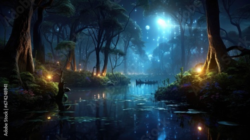 Enchanted forest with magical glowing mushrooms illuminating pathway. Dreamy woodland scene.