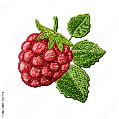 Raspberry embroidery patch isolated on transparent background. Fruit decoration for fashionable girls