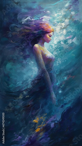 A fantasy illustration of a mermaid underwater. Generative AI. 