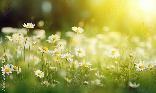 Field of daisies in the rays of the setting sun. with free space for text.