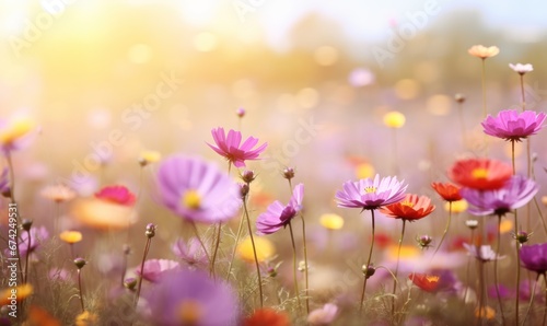 Cosmos flowers in the meadow with sunlight, nature background. with free space for text.