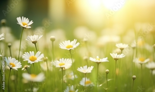 Field of daisies in the rays of the setting sun. with free space for text. © munduuk