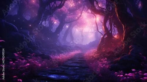 Purple-hued forest pathway with radiant lanterns among trees. Magical landscapes.