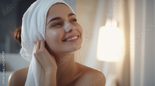 お昼にお風呂上がりで頭にタオルを巻いた女性 photo