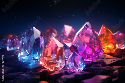 Neon colorful gradient gems. Isolated on black