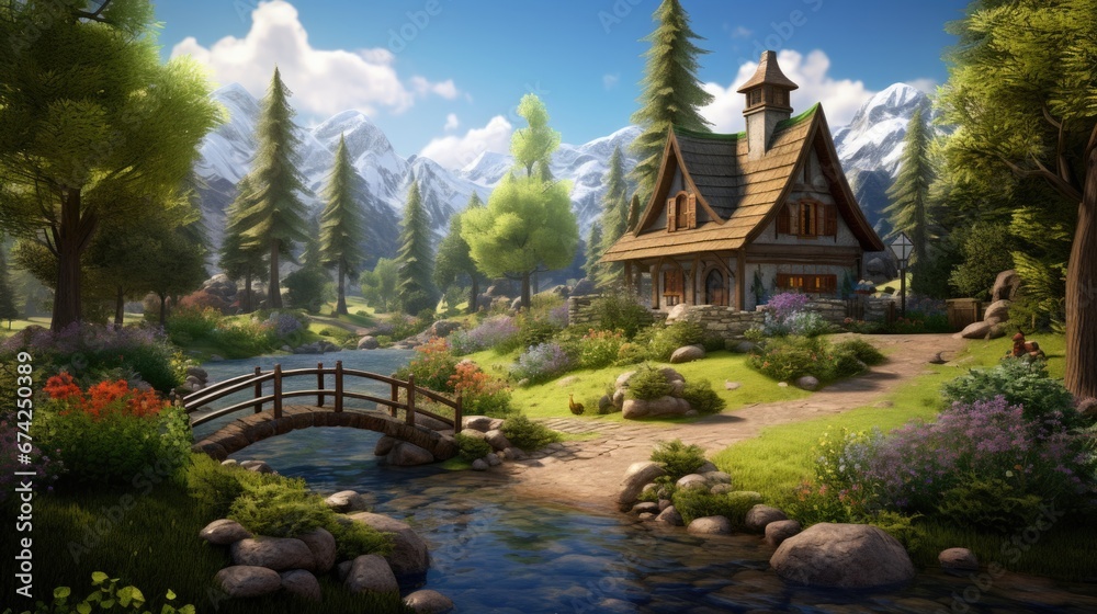 Naklejka premium Quaint house nestled amid vibrant blooms, tall pines, overlooking pristine waters with stone bridges. Storybook settings and beauty.