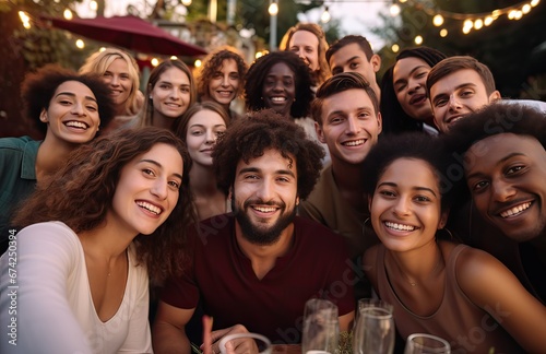selfie of a dinner party of friends of different ethnicity all smiling and happy, social concept
