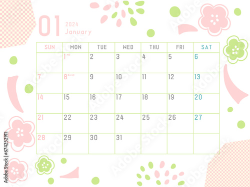 2024年1月のカレンダー　花と花火柄