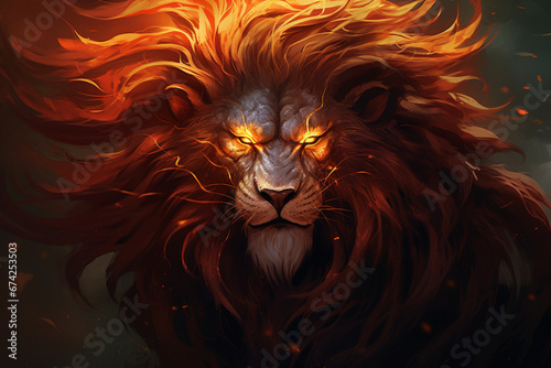 Powerful lion portrait, piercing eyes, fiery mane, against a dramatic black background. © Ishara