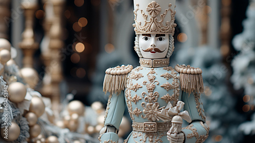 Photo of a white and gold wooden nutcracker, on a white Christmas background or village, with snow and gold spheres, generative AI