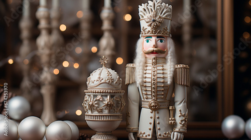 Christmas postcard of a white and gold wooden nutcracker, on a background with white Christmas decoration, generative AI