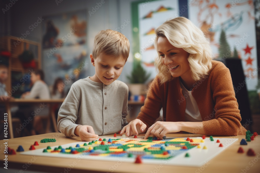 Montessori school, a boy playing educational game with happy teacher. Montessori school, a boy playing educational game with happy teacher.