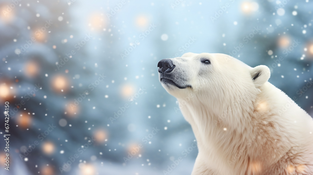 polar bear on Christmas background with lights and blurred bokeh, happy new year letterhead with copy space - obrazy, fototapety, plakaty 