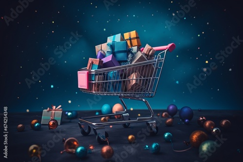 Colorful gift boxes in shopping cart with confettiBlack friday sale and online shopping. photo