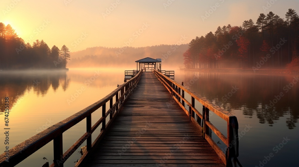 Tranquil Sunrise over Misty Forest Lake generated by AI tool 