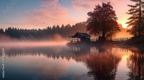 Tranquil Sunrise over Misty Forest Lake generated by AI tool 