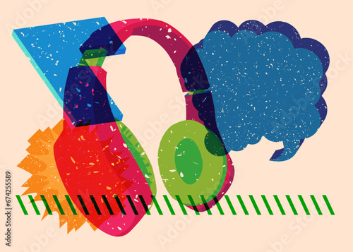 Risograph Headset with speech bubble and geometric shapes. Audio speaker, objects in trendy riso graph print texture style design with geometry elements.