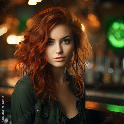 Young and beautiful woman, redhead with light eyes. She is sitting in a bar. She expresses a serene and sensual look. She is dressed in green. Saint Patrick's Day celebration concept