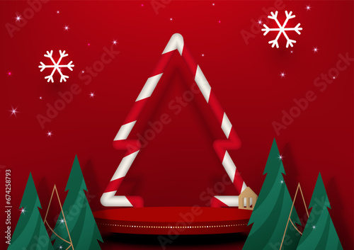 Stage podium for product show with Christmas festive elements on red background. Vector illustration.