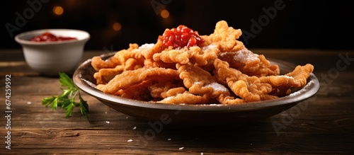 On a rustic kitchen table there are crunchy pork skins topped with tangy red salsa photo